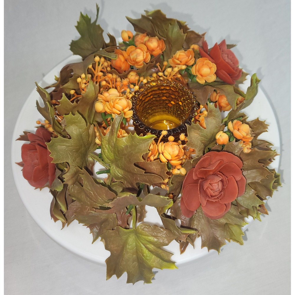 Autumn Floral Candle Ring Fall Decor Orange Brown Amber Holder Vtg Grannycore - Picture 5 of 12